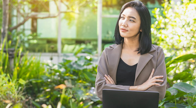 Woman Computer Garden Green ESG Accounting Role